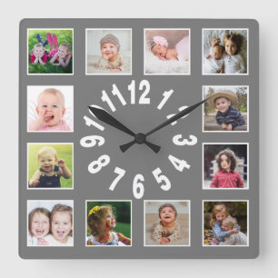 Create Your Own 12 Family Photo Collage Grey Square Wall Clock