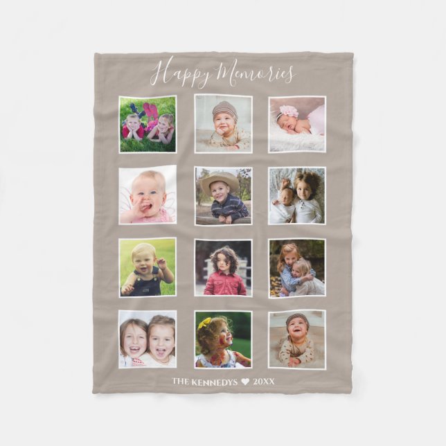 Create Your Own 12 Family Photo Collage Taupe Fleece Blanket (Front)