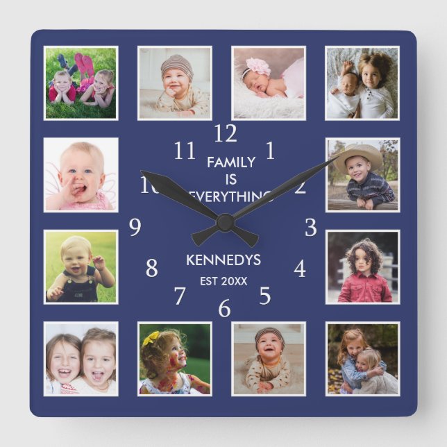 Create Your Own 12 Photo Collage Frame Blue Square Wall Clock (Front)