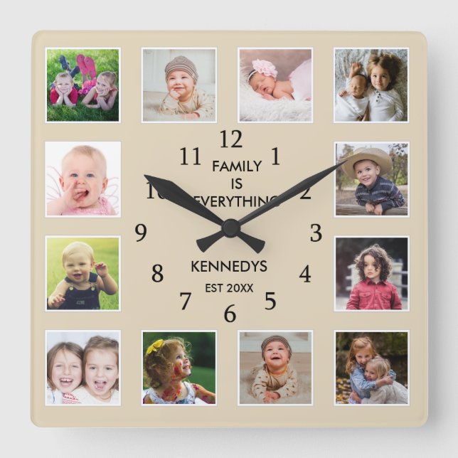 Create Your Own 12 Photo Collage Frame Family Name Square Wall Clock (Front)