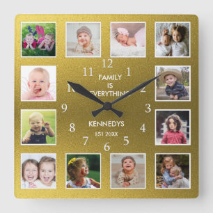 Create Your Own 12 Photo Collage Frame Gold Square Wall Clock