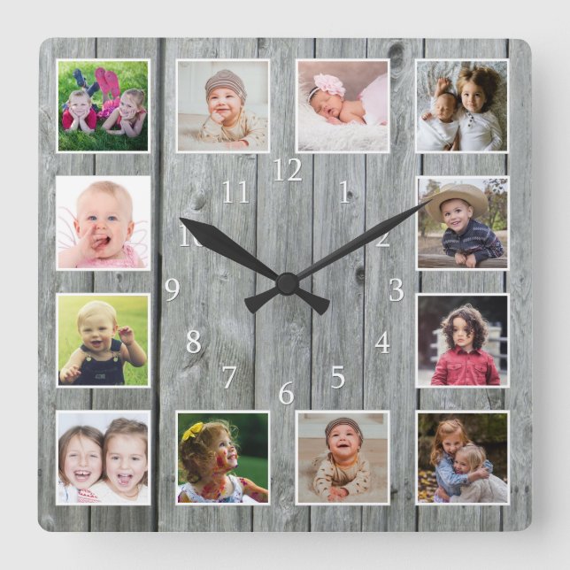 Create Your Own 12 Photo Collage Rustic Grey Wood Square Wall Clock (Front)