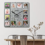 Create Your Own 12 Photo Collage Rustic Grey Wood Square Wall Clock<br><div class="desc">Create your own photo collage wall clock with 12 of your favourite pictures. The photo frame clock helps you treasure your special moments and also makes a thoughtful gift for parents, grandparents and friends. The personalised family clock makes it a perfect gift for all occasions. Personalise with family name and...</div>
