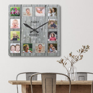 Create Your Own 12 Photo Collage Rustic Grey Wood Square Wall Clock