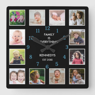 Create Your Own 12 Photo Collage Teal And Black   Square Wall Clock