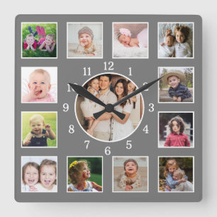 Create Your Own 13 Family Photo Collage Gray Square Wall Clock