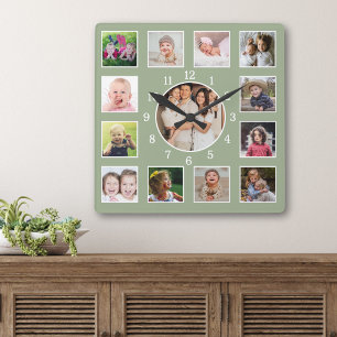 Create Your Own 13 Family Photo Collage Sage Green Square Wall Clock