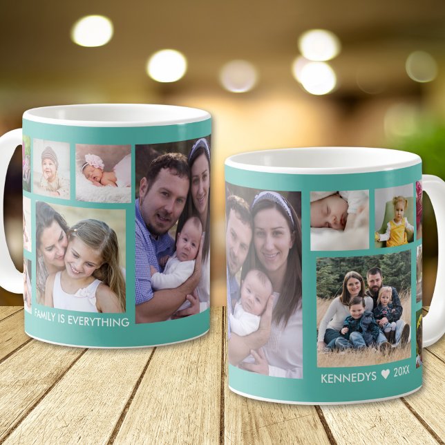 Create Your Own 13 Family Photo Collage Teal Coffee Mug (Creator Uploaded)