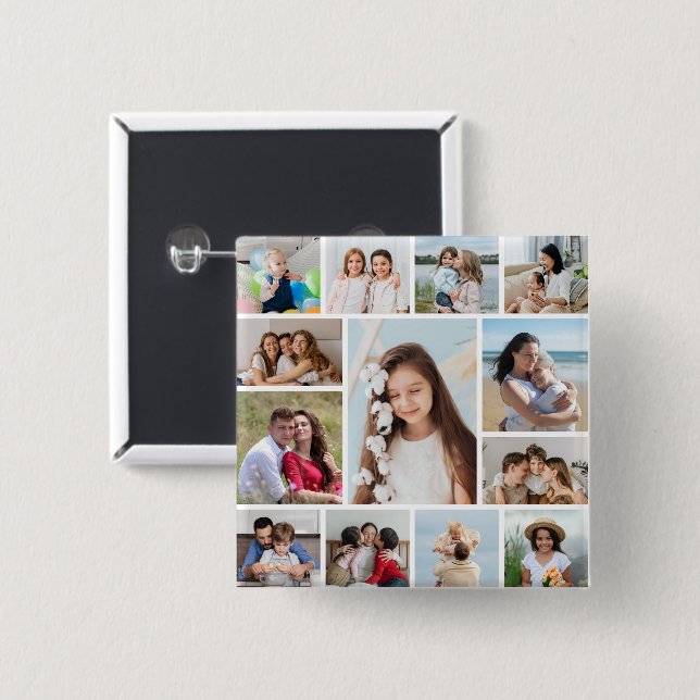 Create Your Own 13 Photo Collage 15 Cm Square Badge (Front & Back)