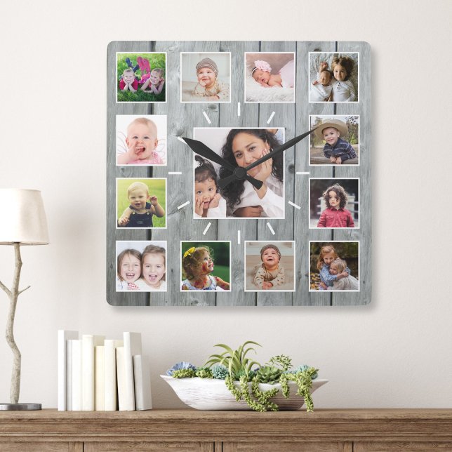 Create Your Own 13 Photo Collage Grey Wood Square Wall Clock (Creator Uploaded)