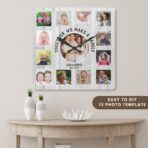 Create Your Own 13 Photo Collage Quote White Wood Square Wall Clock