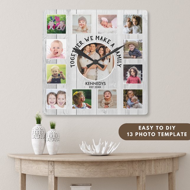 Create Your Own 13 Photo Collage Quote White Wood  Square Wall Clock (13 Photo collage family quote rustic wood clock)