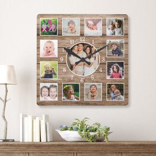 Create Your Own 13 Photo Collage Rustic Barn Wood  Square Wall Clock