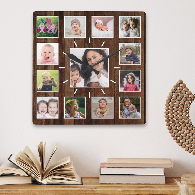 Create Your Own 13 Photo Collage Rustic Dark Wood Square Wall Clock (Creator Uploaded)