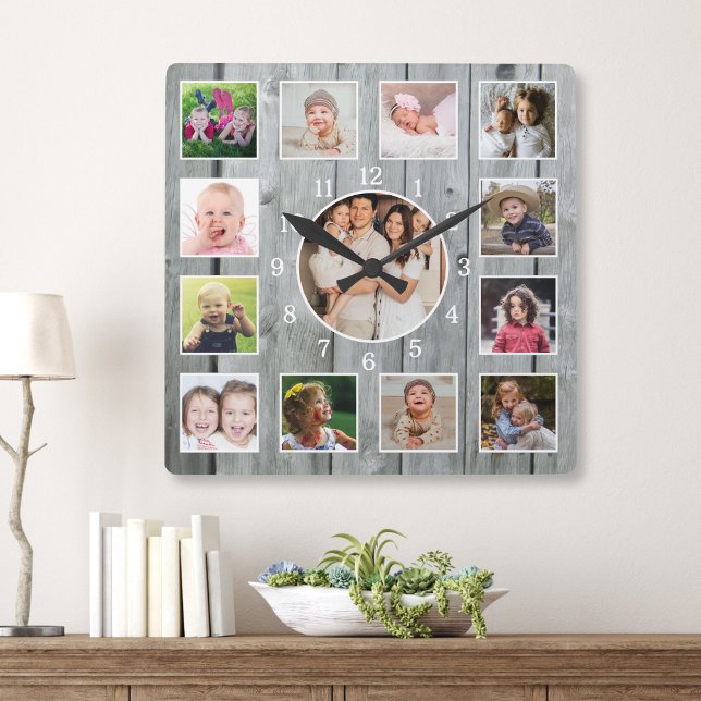 Create Your Own 13 Photo Collage Rustic Grey Wood  Square Wall Clock (Creator Uploaded)