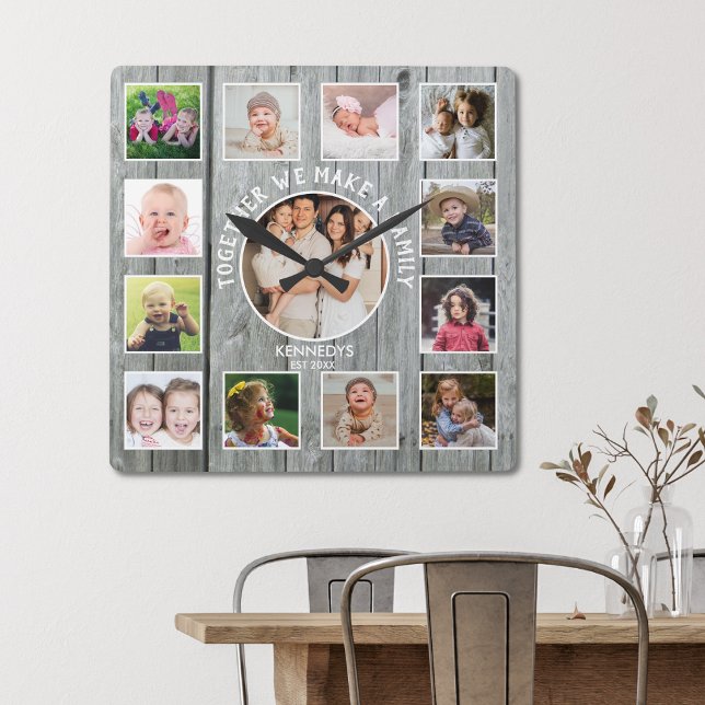 Create Your Own 13 Photo Collage Rustic Grey Wood Square Wall Clock (Picture frame family quote 13 photo collage gray wood wall clock)