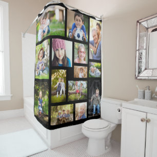Create Your Own 14 Photo Collage Black Modern Shower Curtain