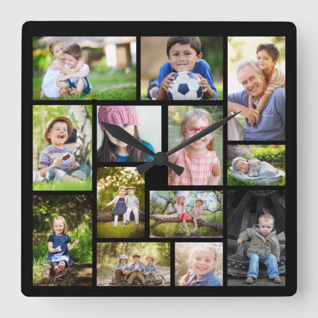 Create Your Own 14 Photo Collage Black Square Wall Clock (Front)