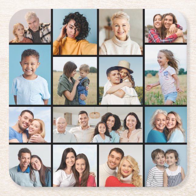 Create Your Own 15 Photo Collage Square Paper Coaster (Front)
