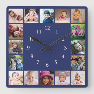 Create Your Own 16 Family Photo Collage Blue Square Wall Clock