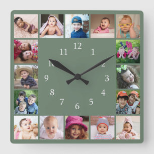 Create Your Own 16 Family Photo Collage Green Square Wall Clock