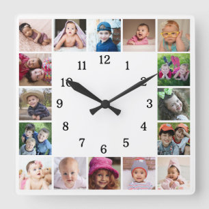 Create Your Own 16 Family Photo Collage White Square Wall Clock