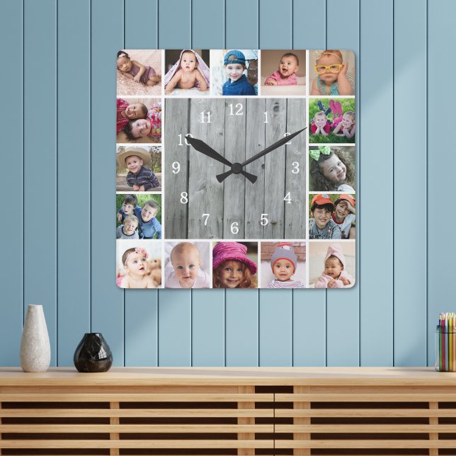 Create Your Own 16 Photo Collage Rustic Grey Wood Square Wall Clock (Creator Uploaded)