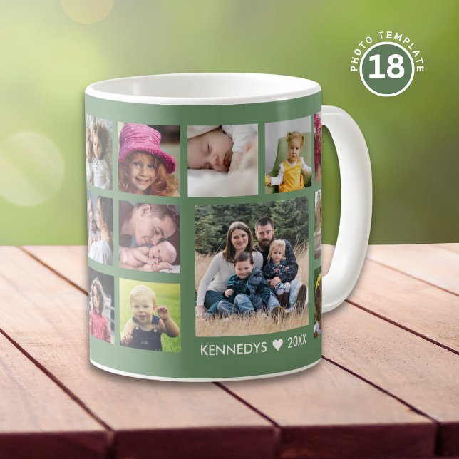 Create Your Own 18 Family Photo Collage Green Coffee Mug (Creator Uploaded)