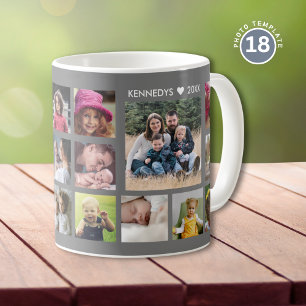 Create Your Own 18 Photo Collage Family Name Grey Coffee Mug
