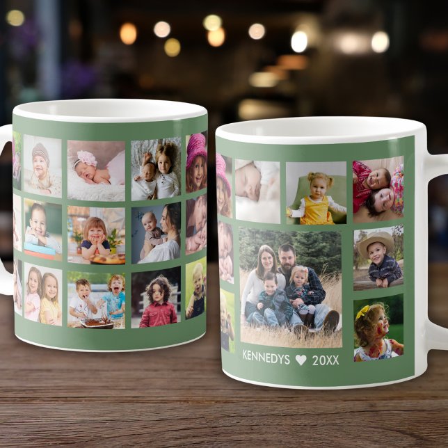 Create Your Own 22 Photo Collage Family Name Green Coffee Mug (Creator Uploaded)
