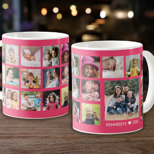 Create Your Own 22 Photo Collage Family Name Pink Coffee Mug