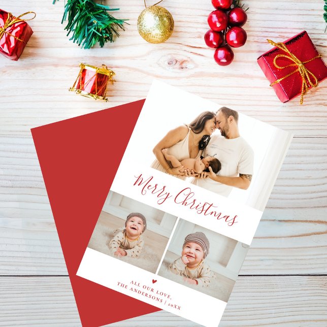 Create Your Own 3 Photo Collage Red Christmas  Holiday Card (Creator Uploaded)