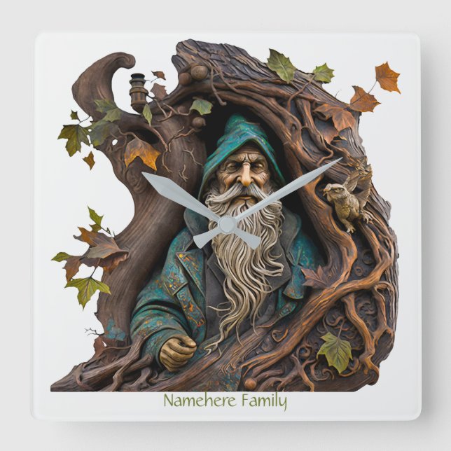 Create Your Own 3D Faux Bois Carved Tree Wizard Square Wall Clock (Front)