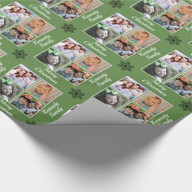 Create Your Own 4 Family Photo Green Christmas Wrapping Paper (Corner)