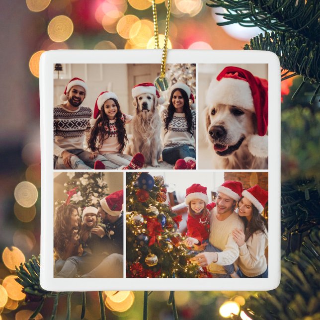 Create Your Own 4 Photo Collage Christmas Ceramic Ornament (Creator Uploaded)