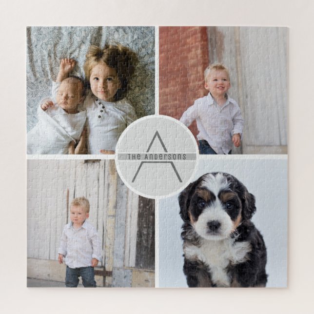 Create Your Own 4 Photo Collage Family Monogram Jigsaw Puzzle (Vertical)