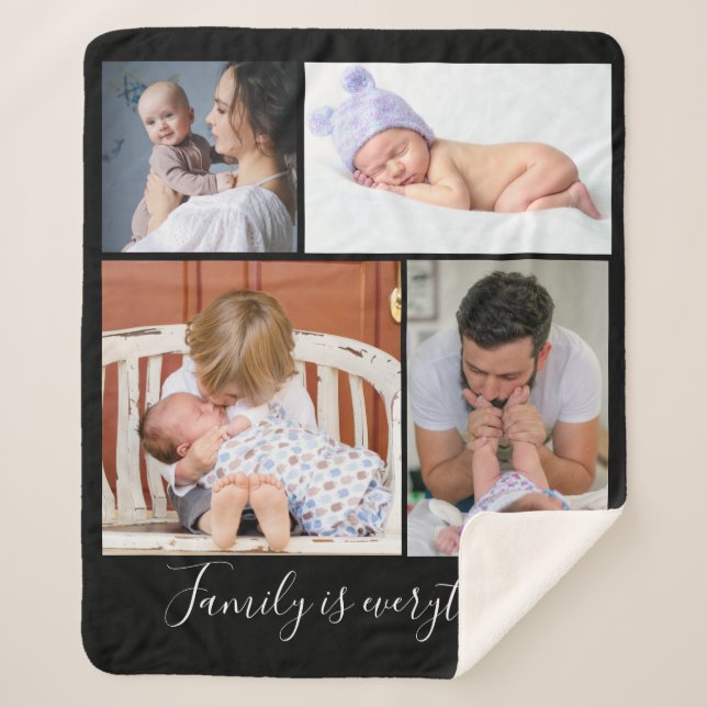 Create Your Own 4 Photo Collage Family Quote Black Sherpa Blanket (Front)