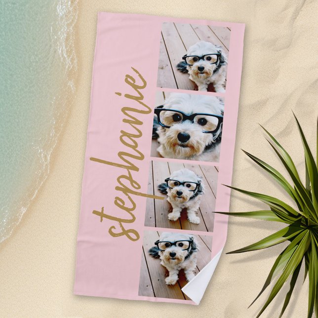 Create Your Own 4 Photo Collage Script Name blush Beach Towel (Personalized Beach Towel with Photos and Text)