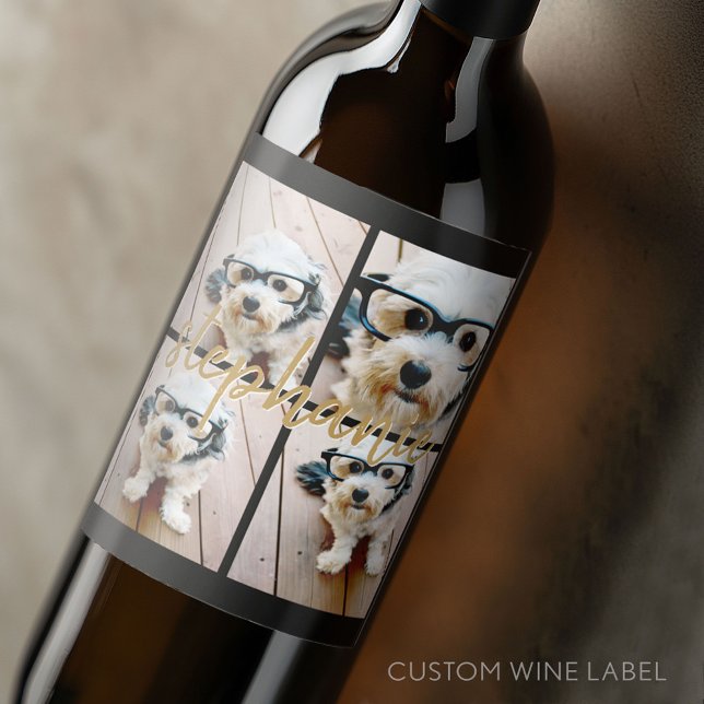 Create Your Own 4 Photo Collage - Script Name Wine Label (Custom Wine Bottle Label - Personalize a Sticker for a fun gift or memento)
