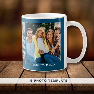 Create Your Own 5 Family Photo Collage Quote Blue Coffee Mug