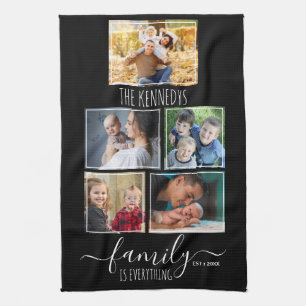 Create Your Own 5 Photo Collage Family Name Black Tea Towel
