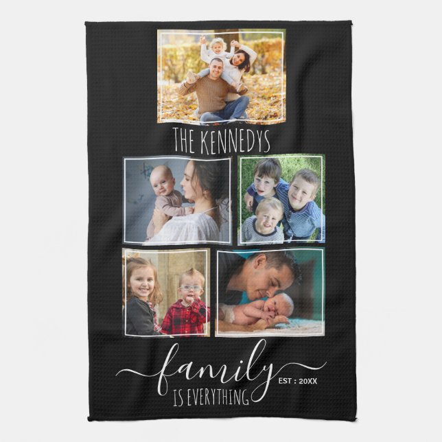 Create Your Own 5 Photo Collage Family Name Black Tea Towel (Vertical)