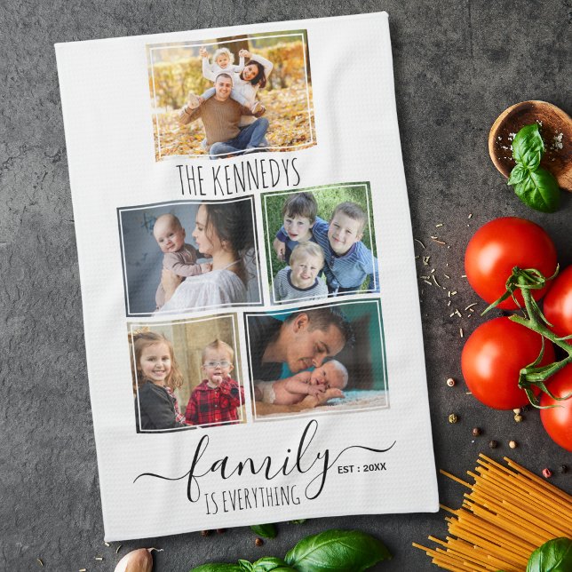 Create Your Own 5 Photo Collage Family Quote Name Tea Towel (Creator Uploaded)