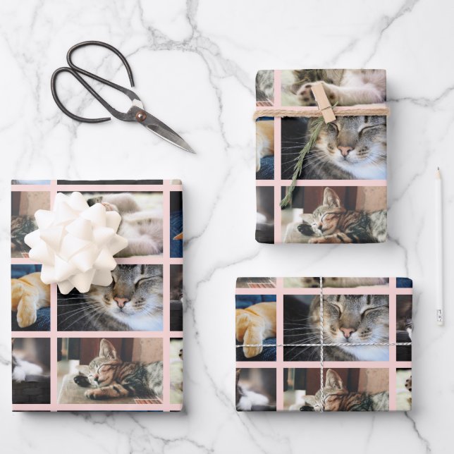 Create Your Own 5 Photo Collage Pink Border Wrapping Paper Sheet (Front)