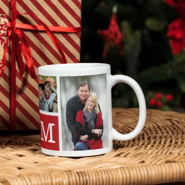 Create Your Own 5 Photo Collage Red Monogrammed    Coffee Mug (Create Your Own 5 Photo Collage Red Monogrammed Coffee Mug - Family photo gifts for Christmas)