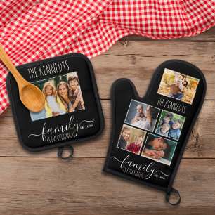 Create Your Own 6 Photo Collage Family Name Black Oven Mitt & Pot Holder Set