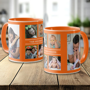 Create Your Own 6 Photo Collage Family Name Orange Mug