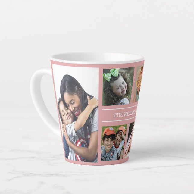 Create Your Own 6 Photo Collage Family Name Pink Latte Mug (Left Angle)