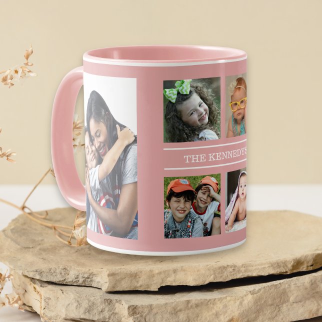 Create Your Own 6 Photo Collage Family Name Pink Mug (Creator Uploaded)