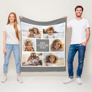 Create Your Own 6 Photo Collage - Monogram Grey Fleece Blanket